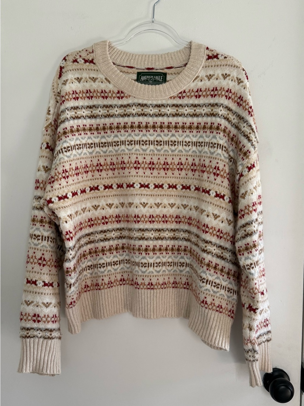 American Eagle Fair Isle Sweater Women’s L Cream Red Oversized Crewneck Knit